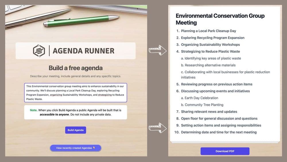 Agenda runner inout panel on the left then showing agenda output on the right.