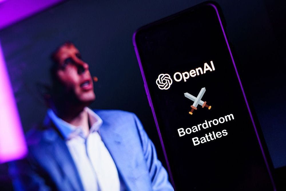 Sam Altman in background with OpenAI handset in foreground showing Boardroom Battles text.